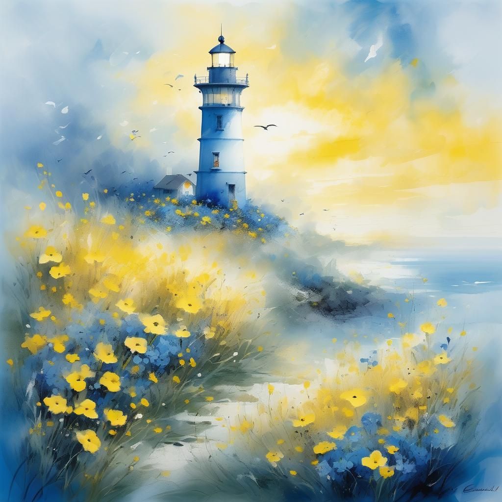 Lighthouse in Sea of Flowers, Watercolor Style