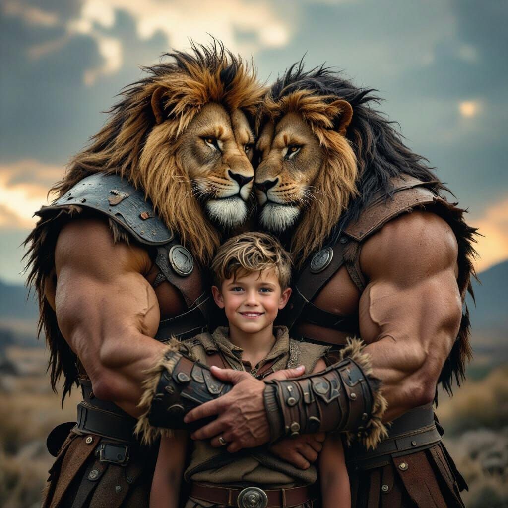 Muscular Lion Barbarians Embrace Boy: Cinematic Image