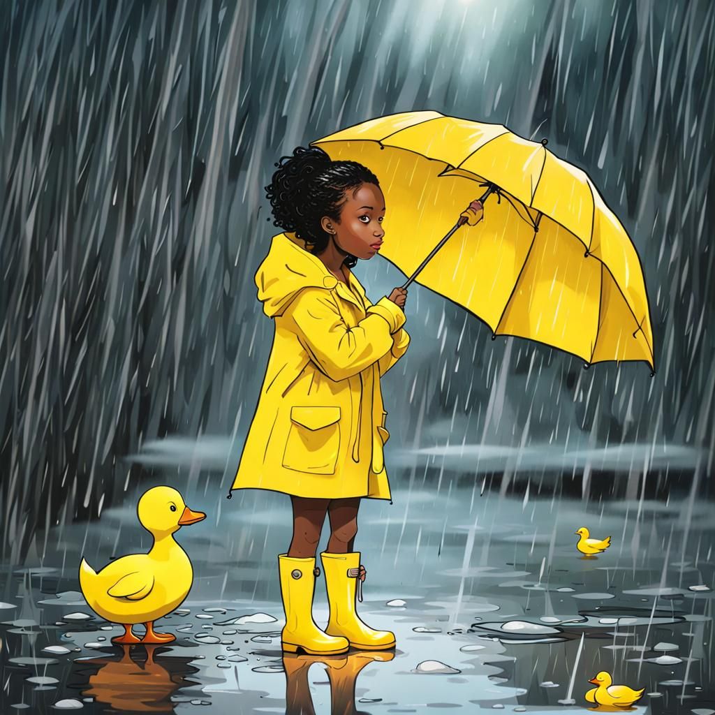 Girl in Yellow Raincoat with Duck in Rain