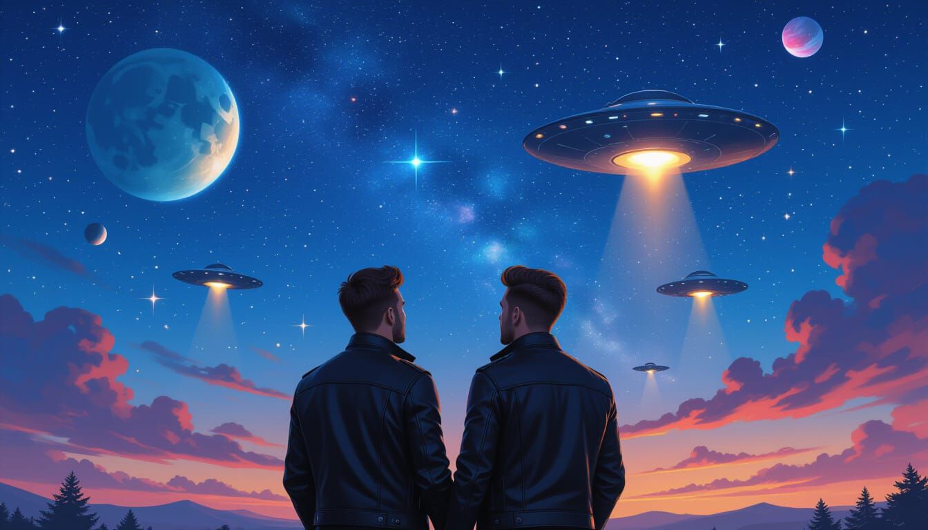 Starry Night Encounter: Men Gaze at UFOs