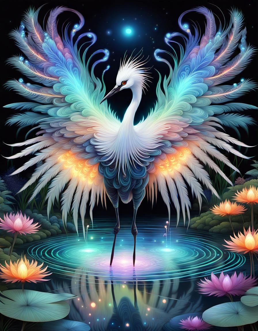 Bioluminescent Japanese Crane with Fireflies in Fractal Art