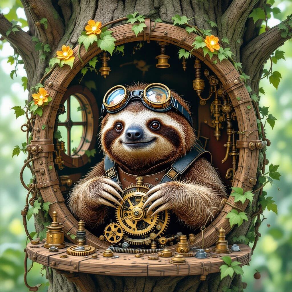 Steampunk Sloth Inventor in Cozy Treehouse