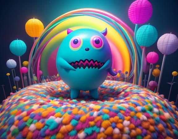 Cute Monster in Laundry Pile, Hyper-Surreal 3D Art