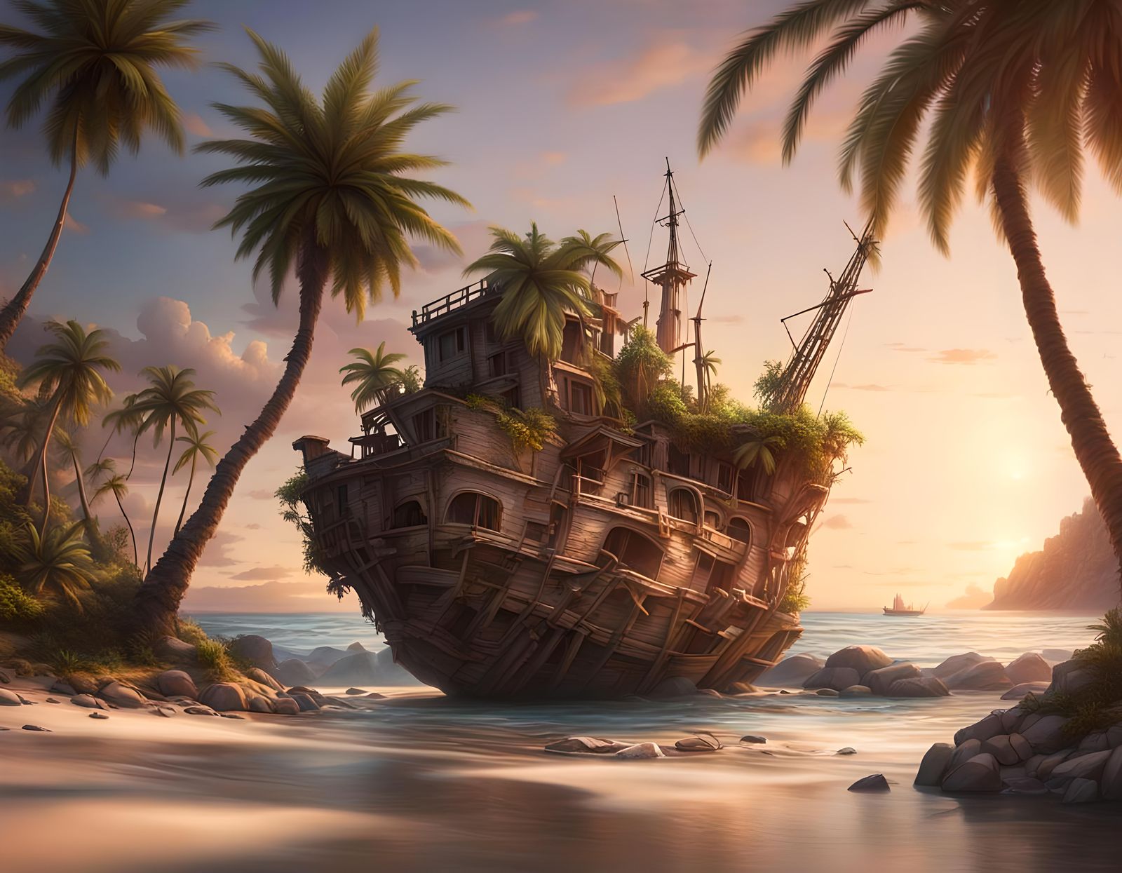 Tropical Island Shore at Magic Hour: Hyperrealistic Landscap...