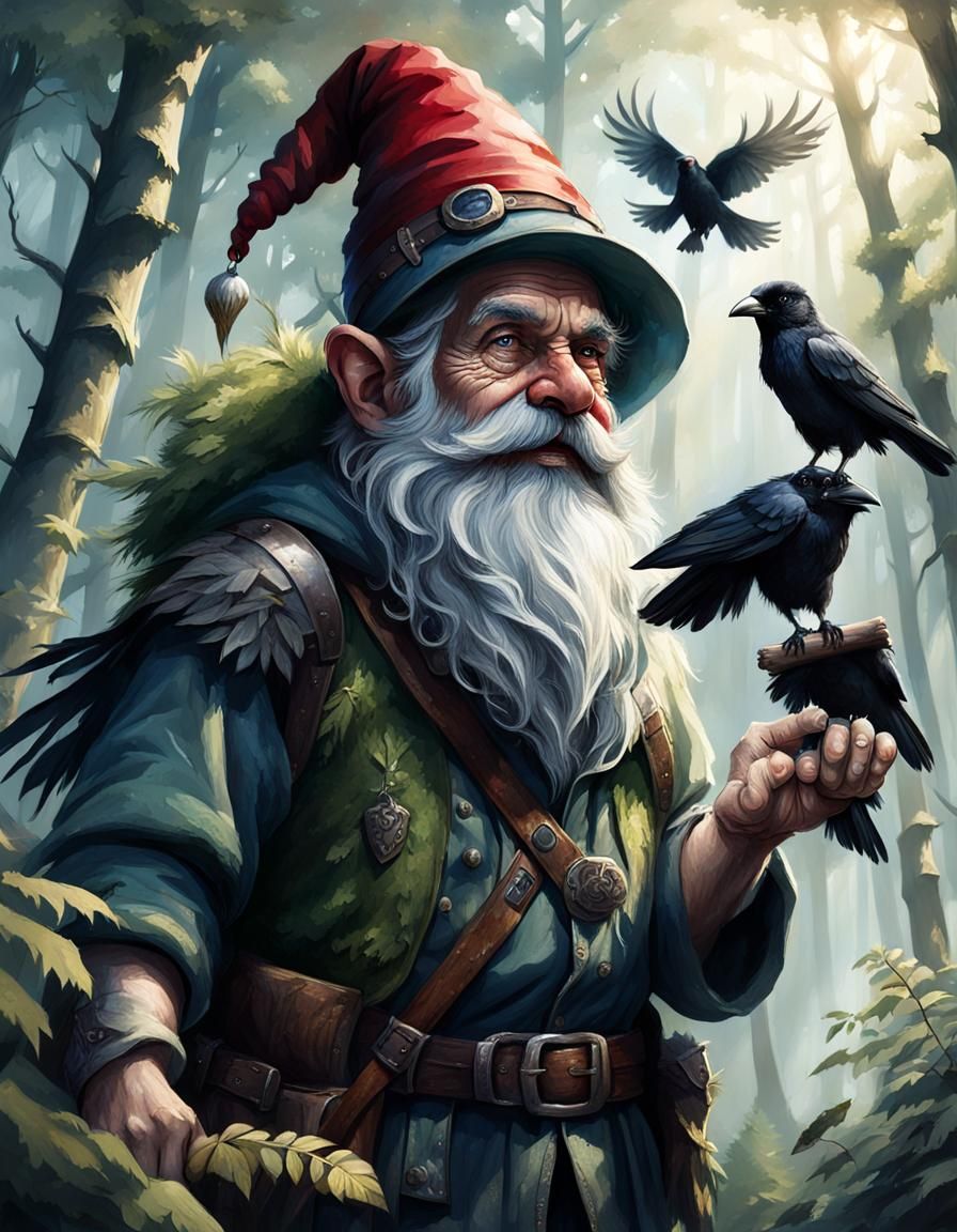 Gnome Soaring on Raven in Misty Forest