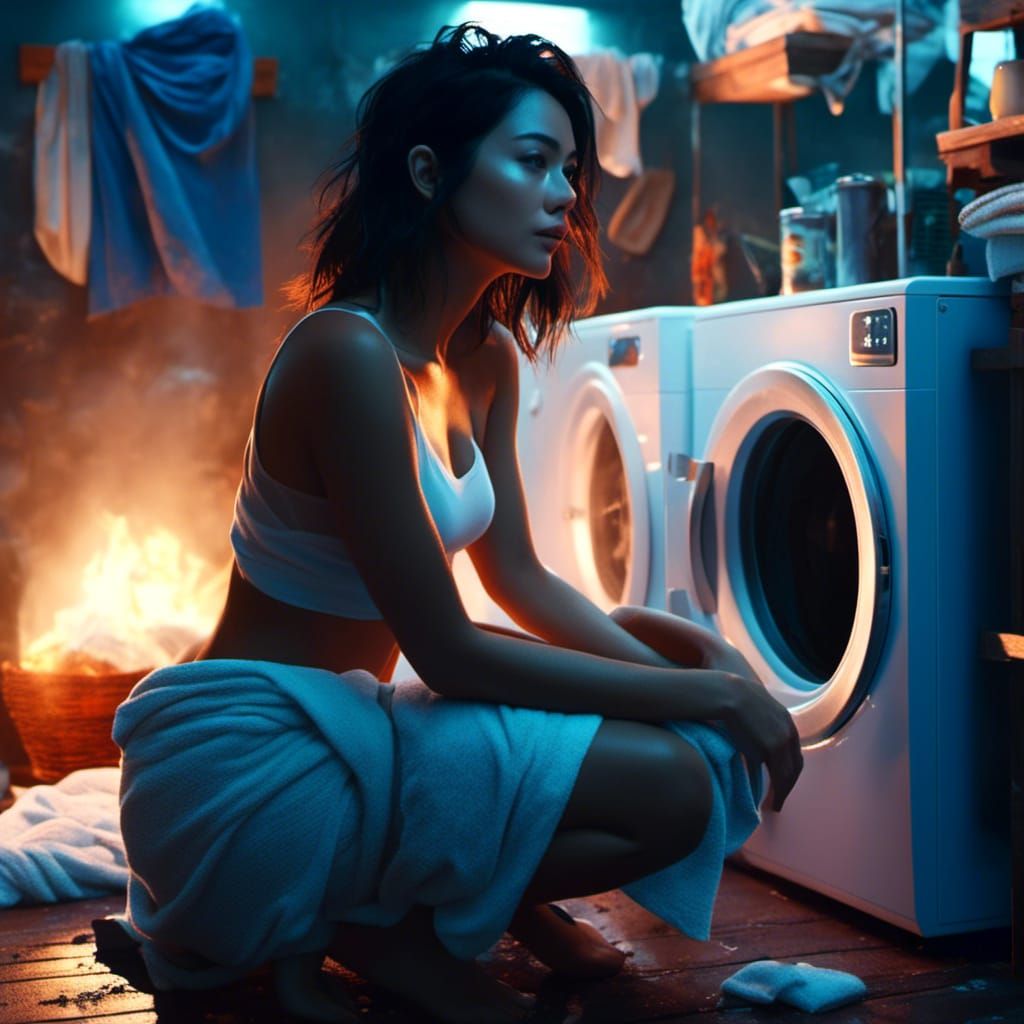 Anime Woman at Washing Machine, Photorealistic Style