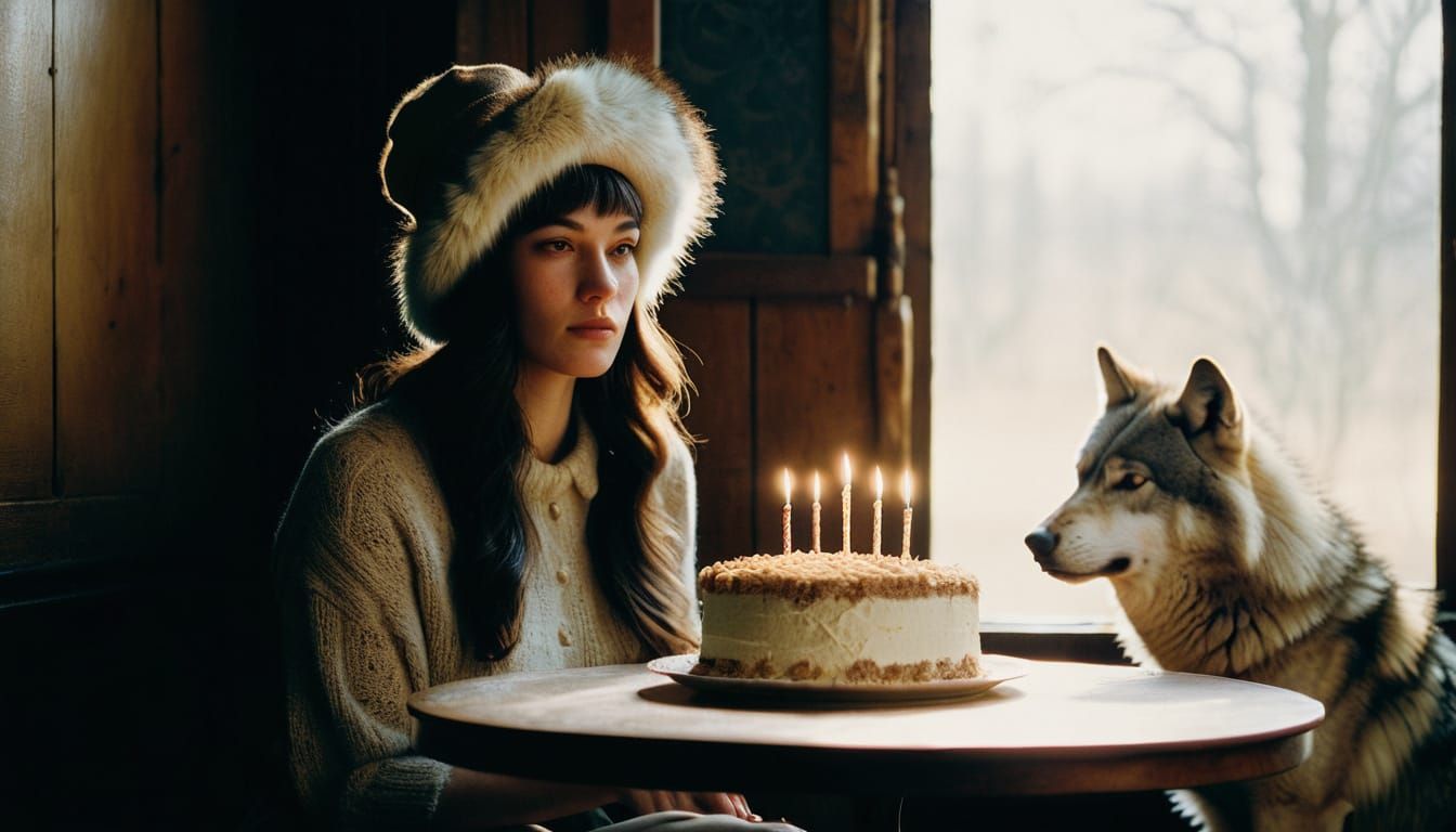 Woman with Wolf and Cake, Vintage Portrait
