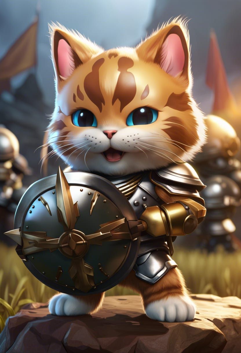 Armored Chibi Cat with Shield, Digital Illustration
