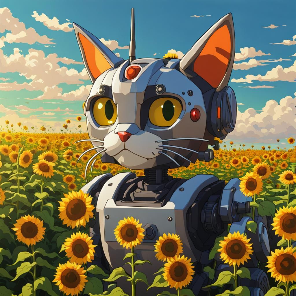 ROBOT CAT, MECHA CAT, in a field near sunflowers, by studio ...