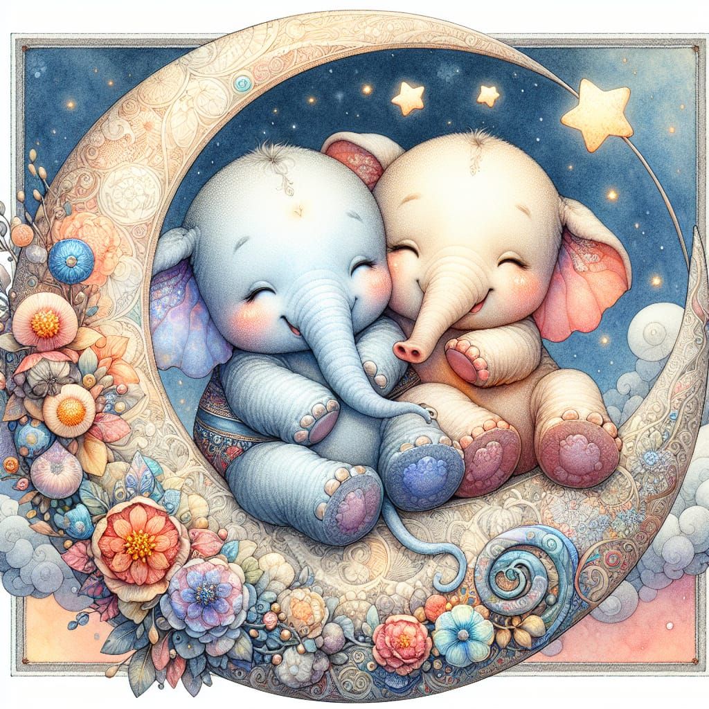 Chibi Elephants Stargazing on Moon in Watercolor Style