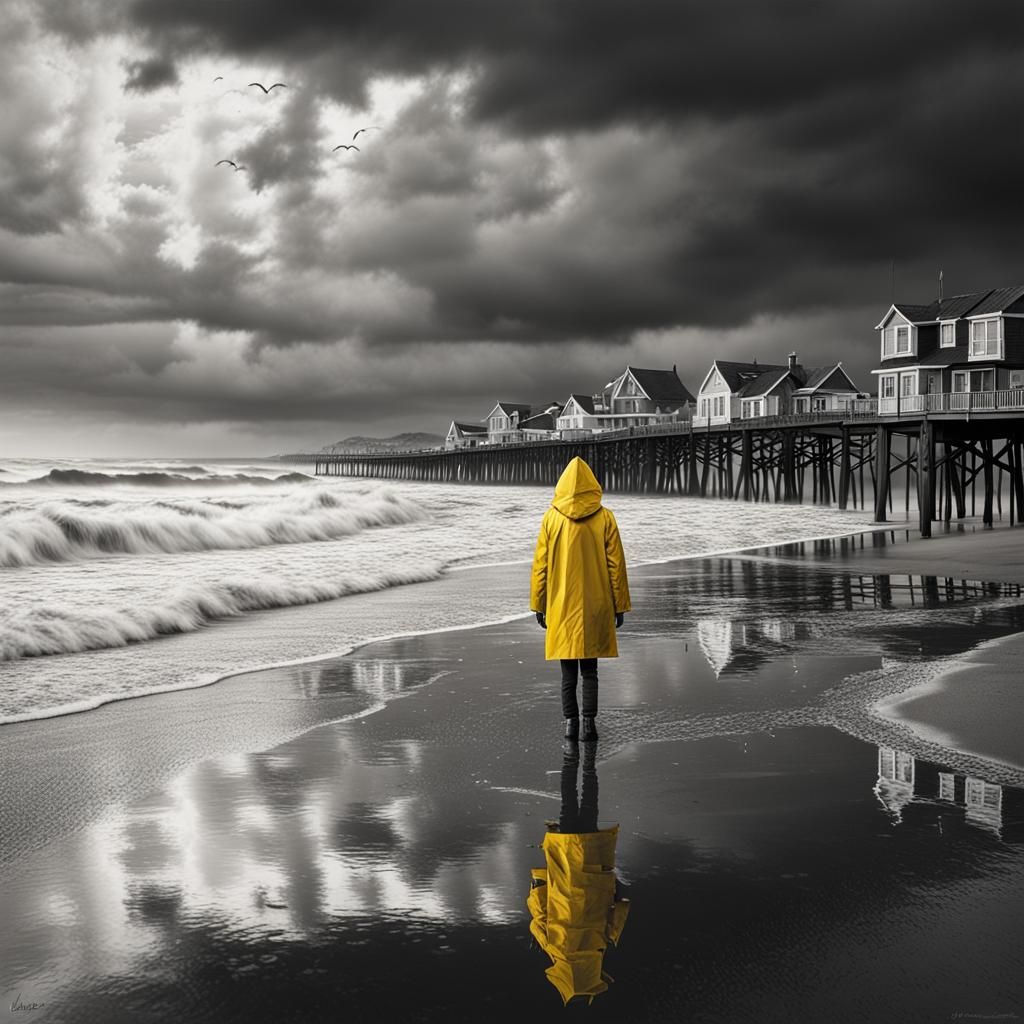 Girl in Yellow Raincoat: Photorealistic Beach Scene