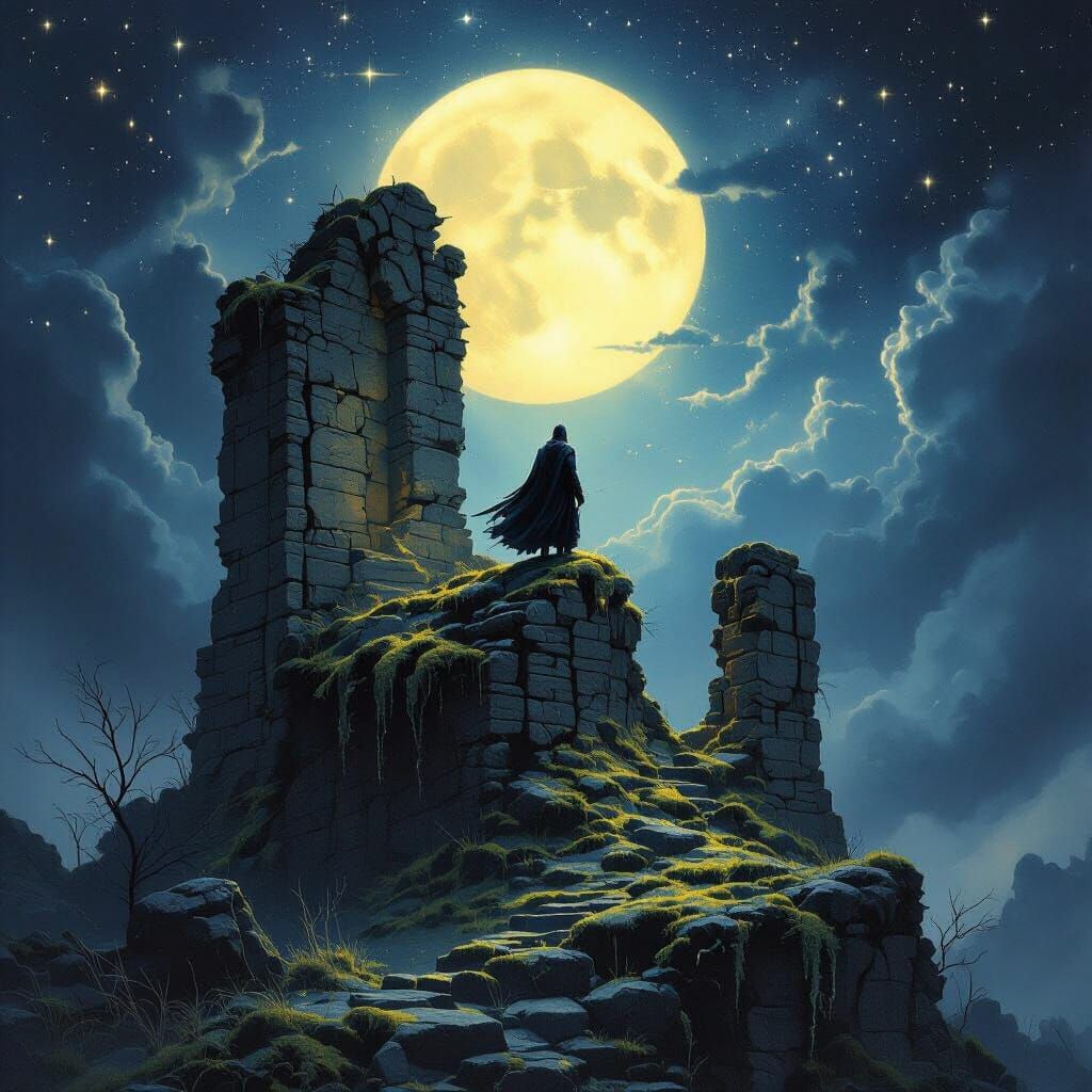 Epic Knight Overlooking Ancient Ruins Under Starry Sky