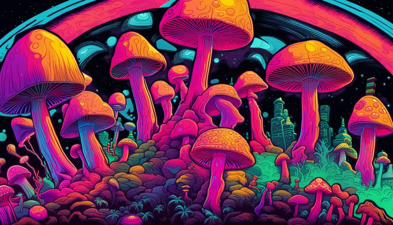 Cosmic Mushroom Warrior: Retro Black Light Art