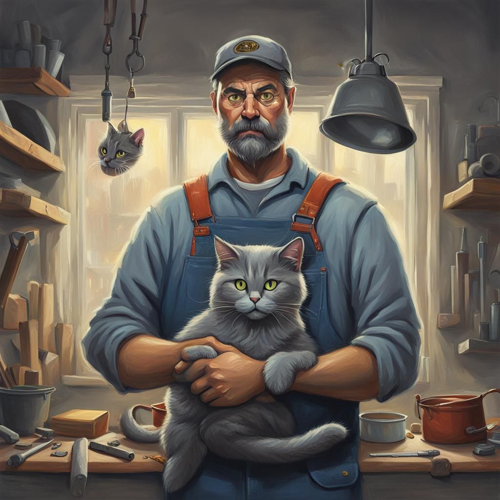 Handyman holding a furry gray cat