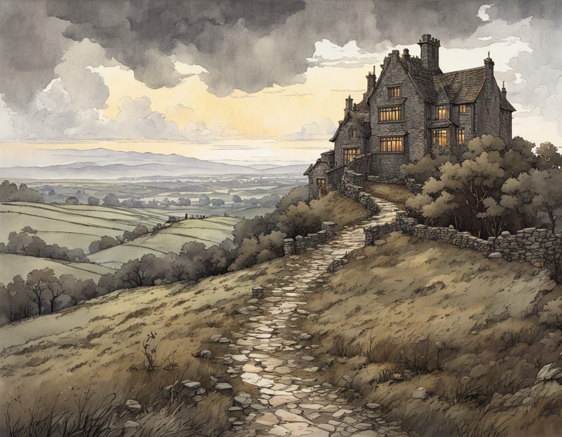 Misty Yorkshire Moor Landscape with Decadent Tudor Manor