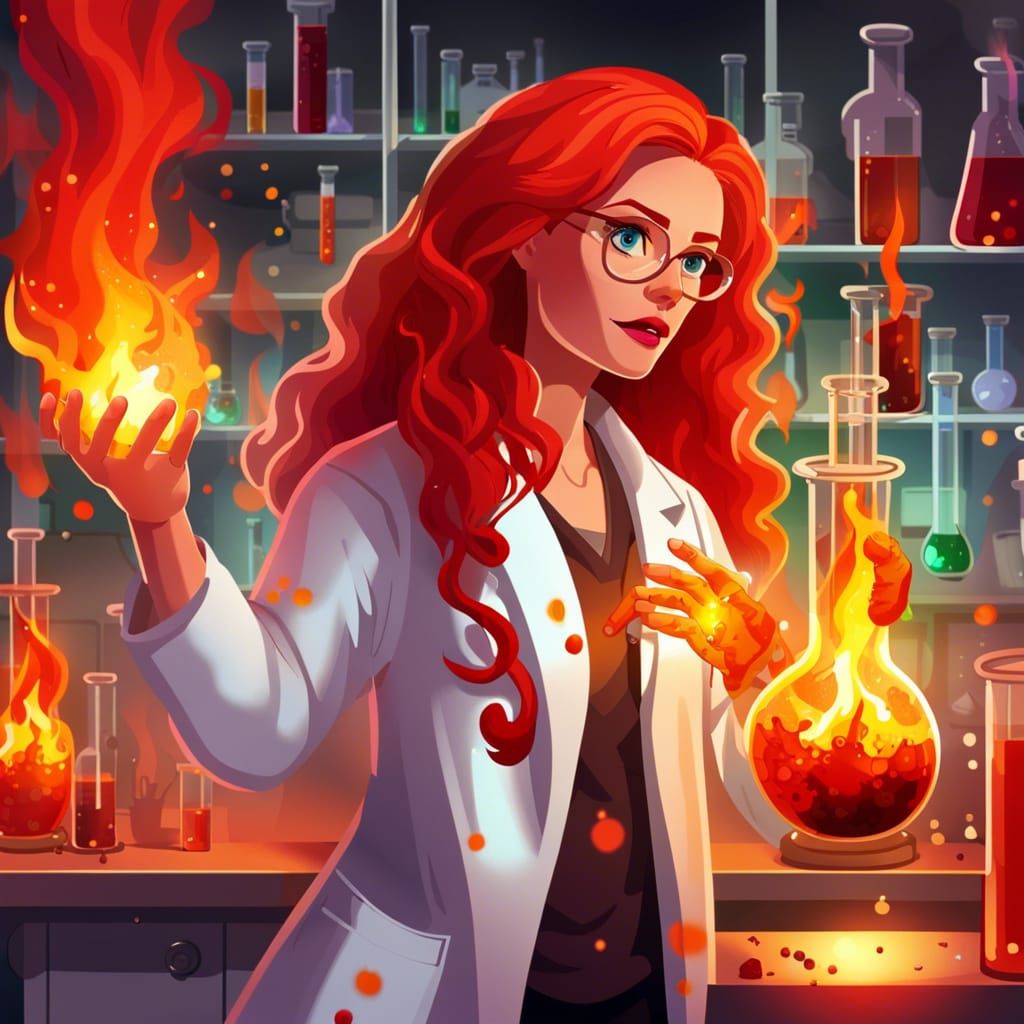 Fiery Lab Experiment with Red-Haired Scientist