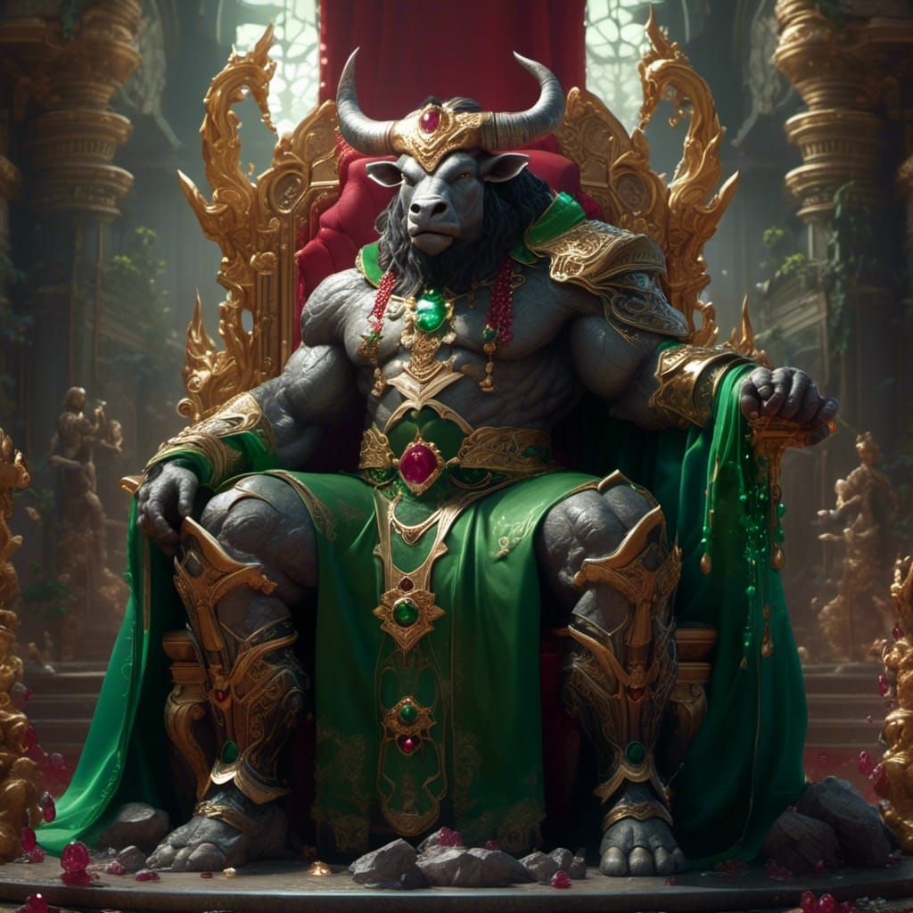 Anthropomorphic Bull on Jade Throne, Dark Fantasy Art