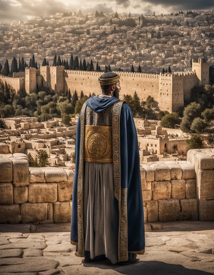 King Hezekiah Beside Jerusalem Wall in Biblical Style