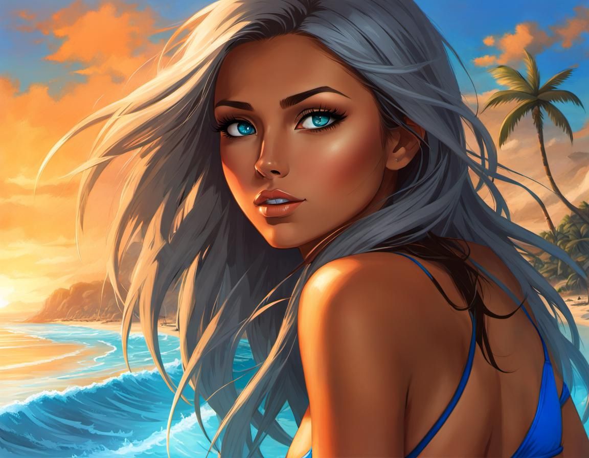 Attractive Woman on Beach in Bright Colors