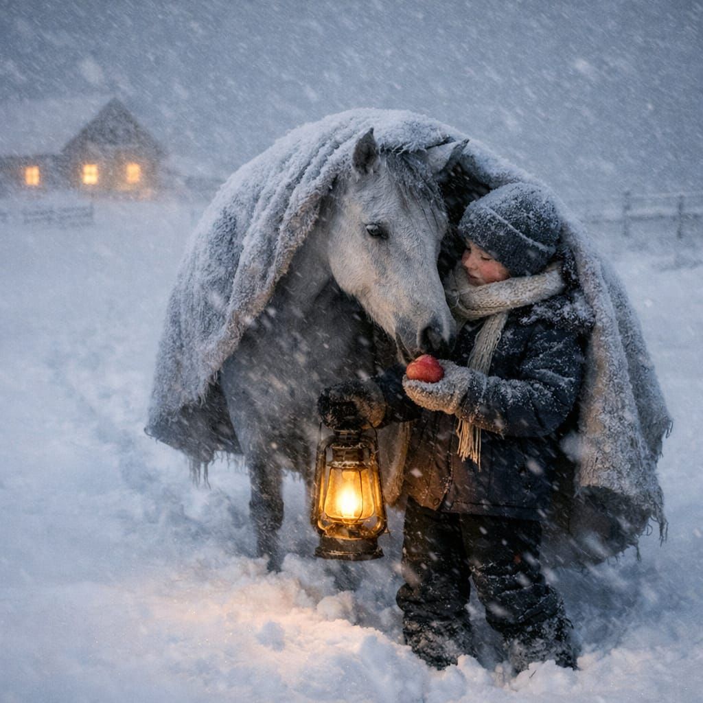 Girl Tends Horse in White Out Blizzard Conditions