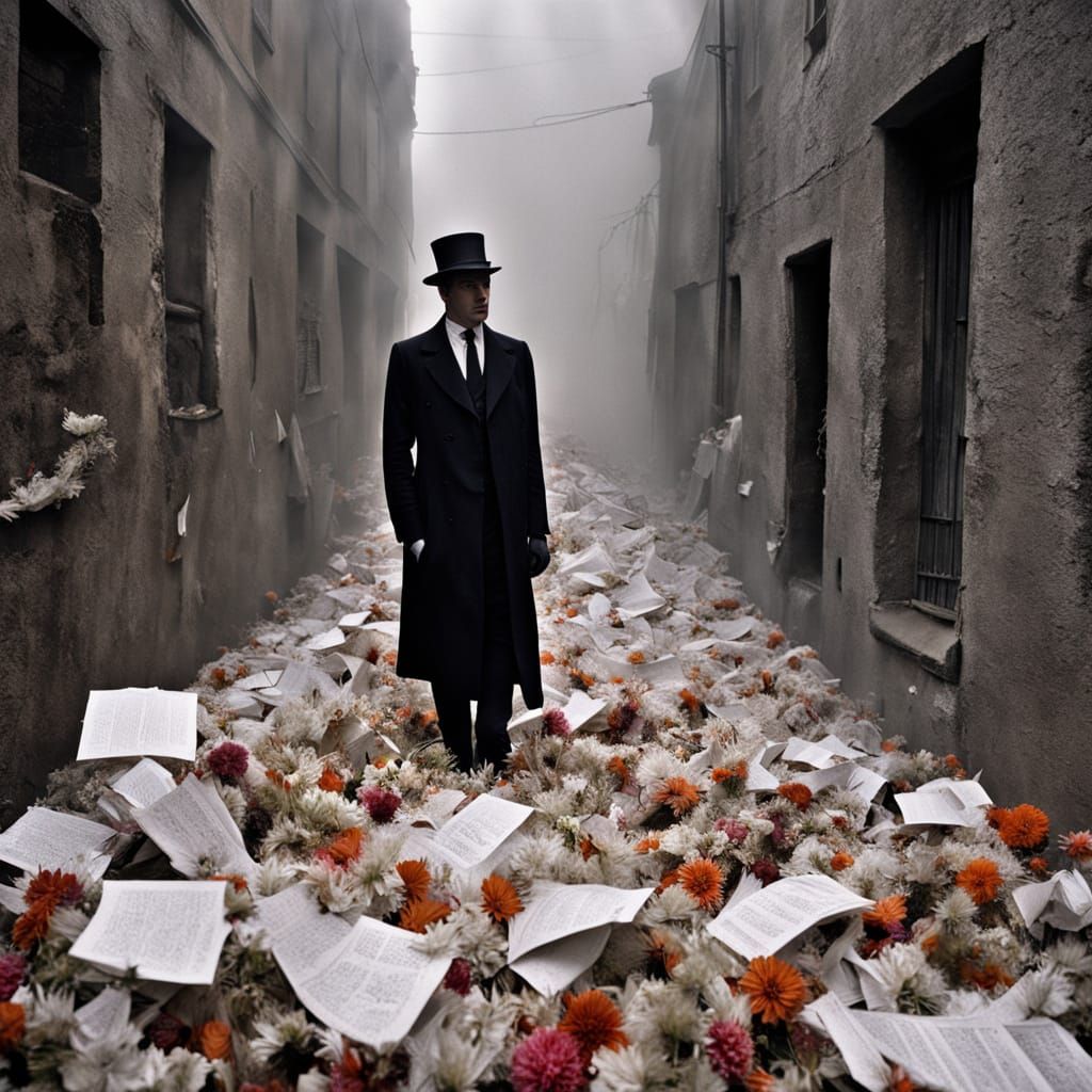 Surrealist Figure Lost in a Whirlwind of Papers and Flowers