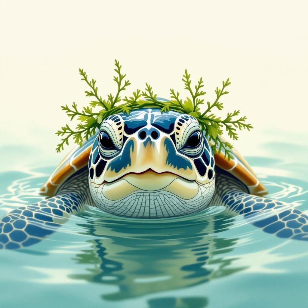 Sea Turtle with Seaweed Crown in Watercolor Fantasy Style
