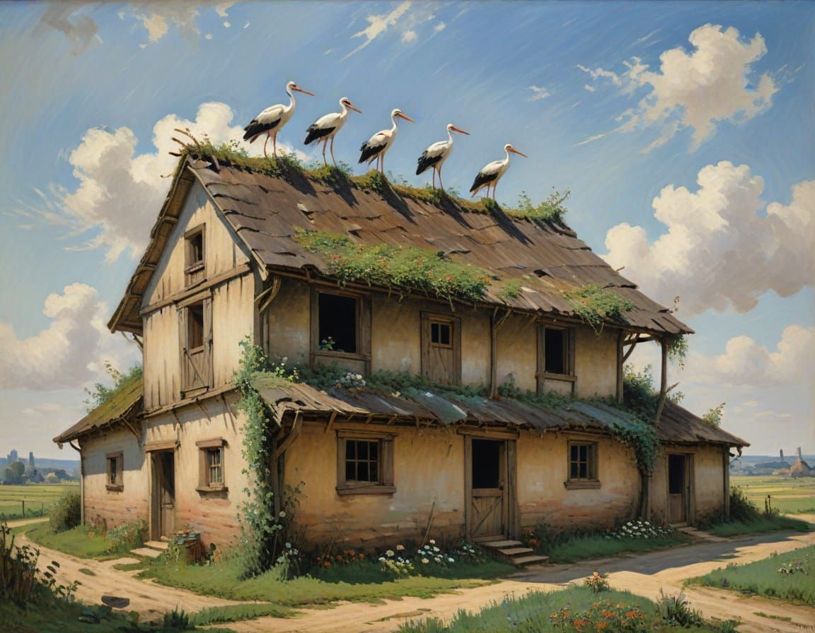 Storks on Ancient Barn Roof in Impressionist Style