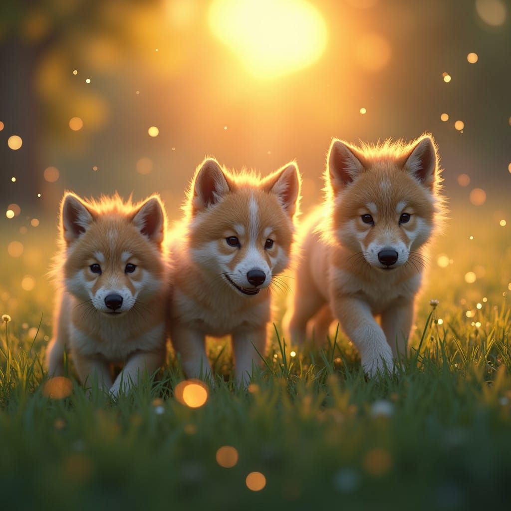 Fantasy Wolf Pups Frolic in Vibrant Meadow Under Golden Suns...