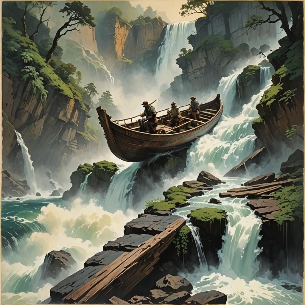 Small Boat Plunging Over Waterfall's Edge