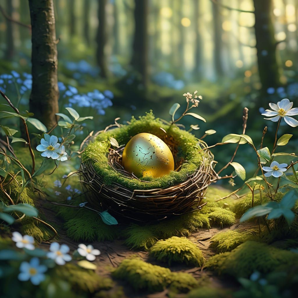 A glowing golden egg nestled in a soft, natural nest made of moss, twigs, and feathers. Sunlight filters gently through ...