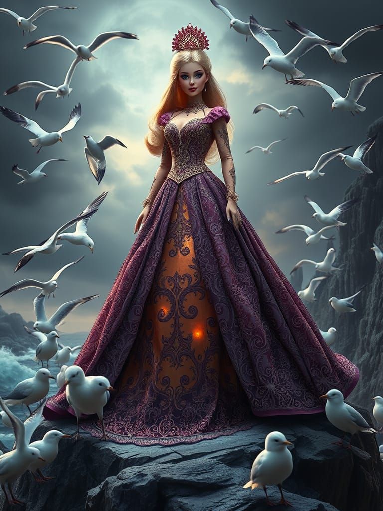 Regal Barbie Amidst Seagulls in Victorian-Inspired Coastline...
