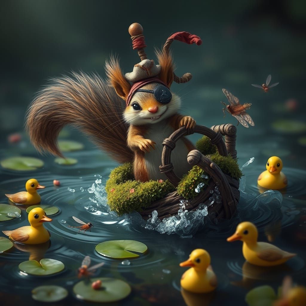 Pirate Squirrel Sailing Acorn Ship: Dark Fantasy Art