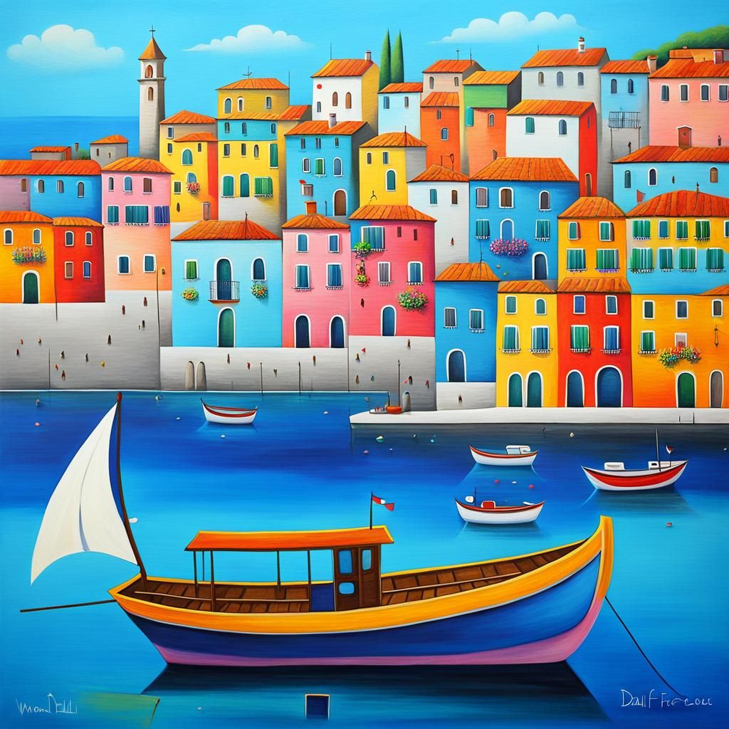 Italian Seaside Village Fishing Boat Illustration