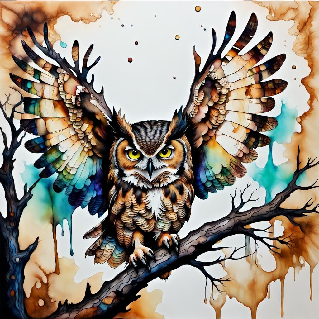 Otherworldly Great Horned Owl in Alcohol Ink