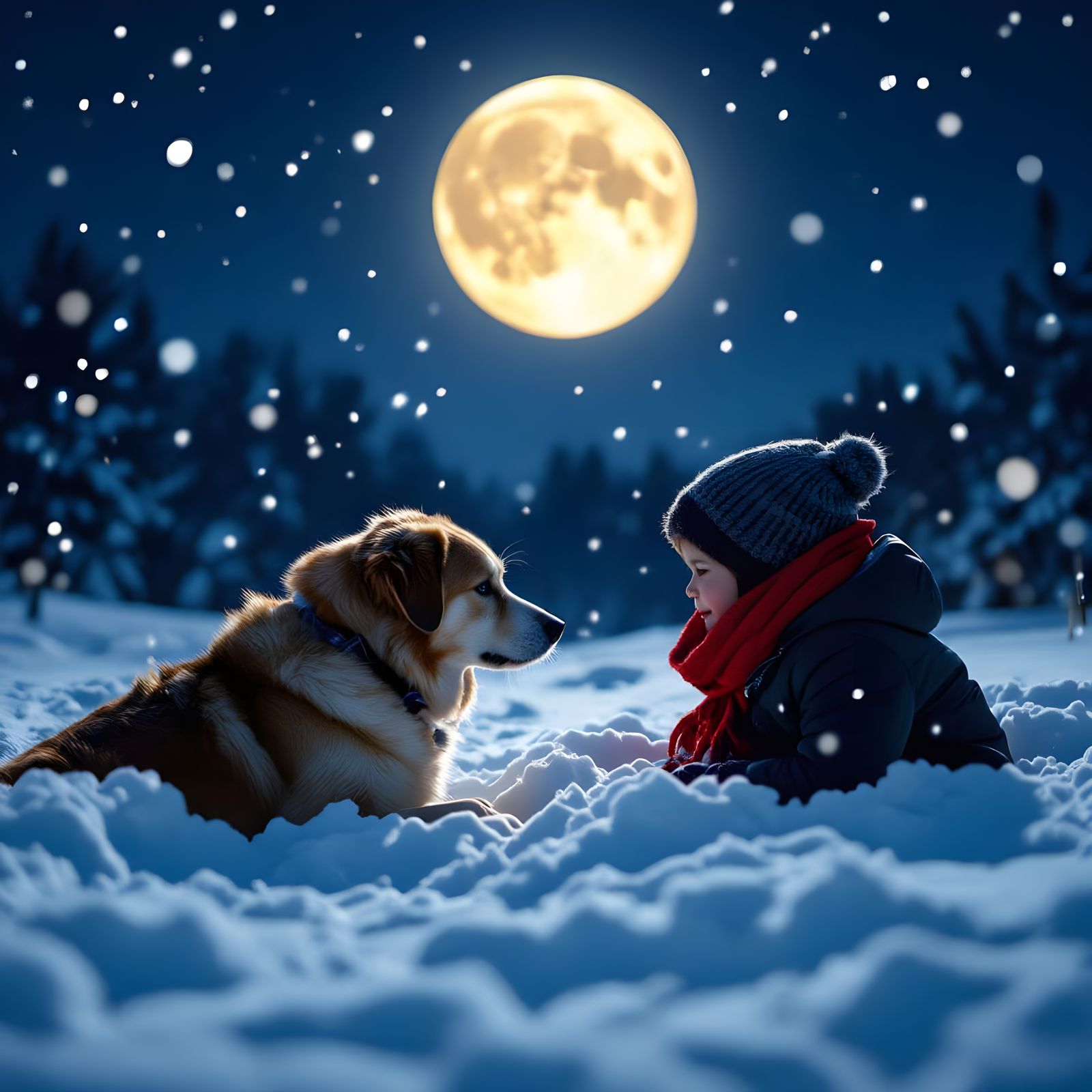 Heroic Dog Rescues Child in Snowy Forest Under Moon