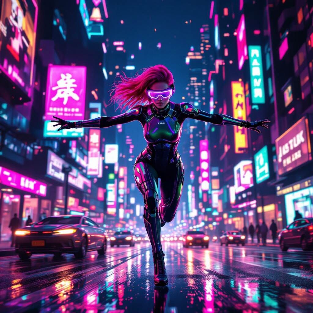 Cyberpunk Cityscape: Woman Leaps Through Neon Night