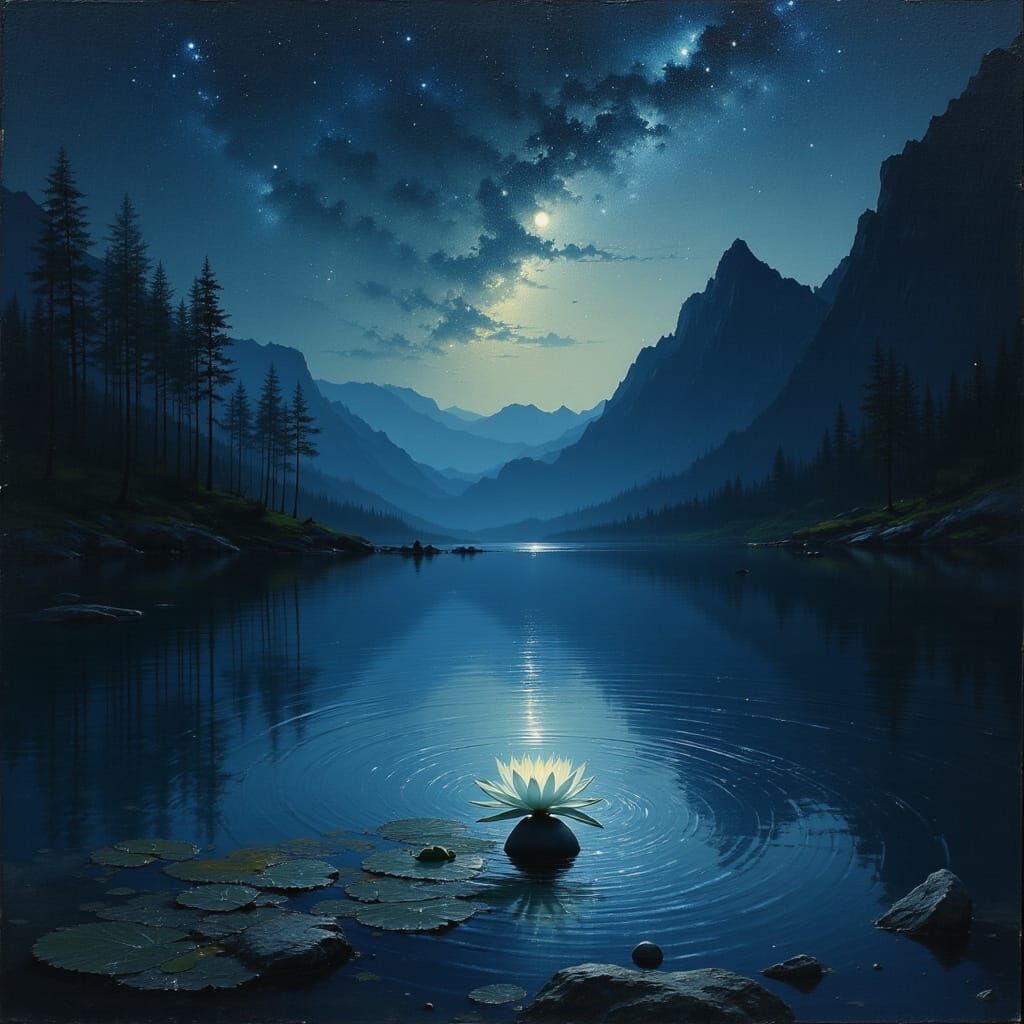 Mystical Night Lake with Glowing Lily and Ripples