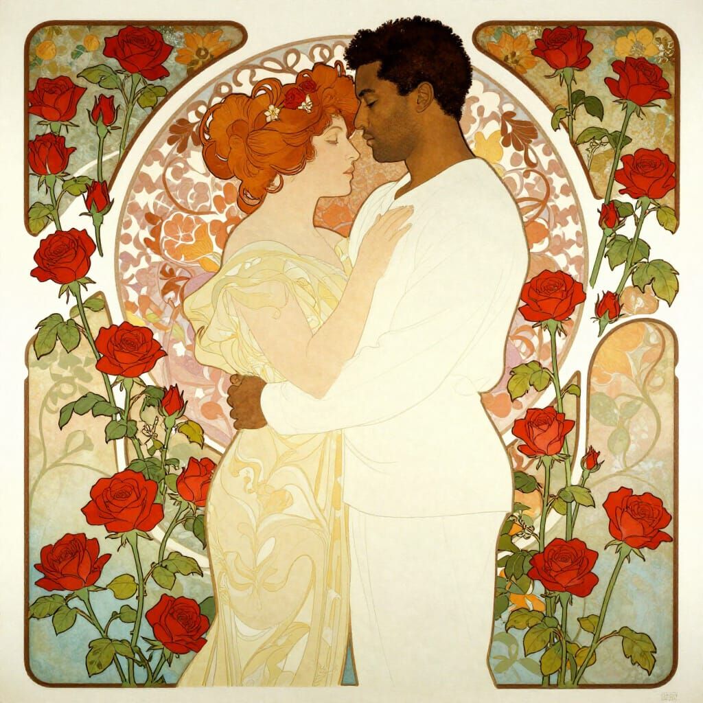 Romantic Couple in Rose Garden, Art Nouveau Style