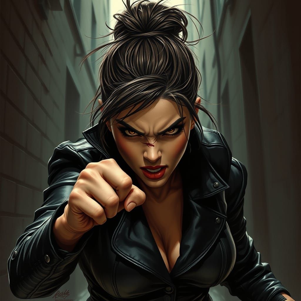 Fierce Woman in Black Suit Fighting in Alleyway