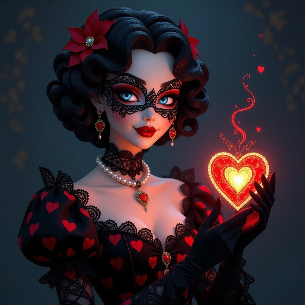 Gothic Character with Lace Mask and Glowing Heart