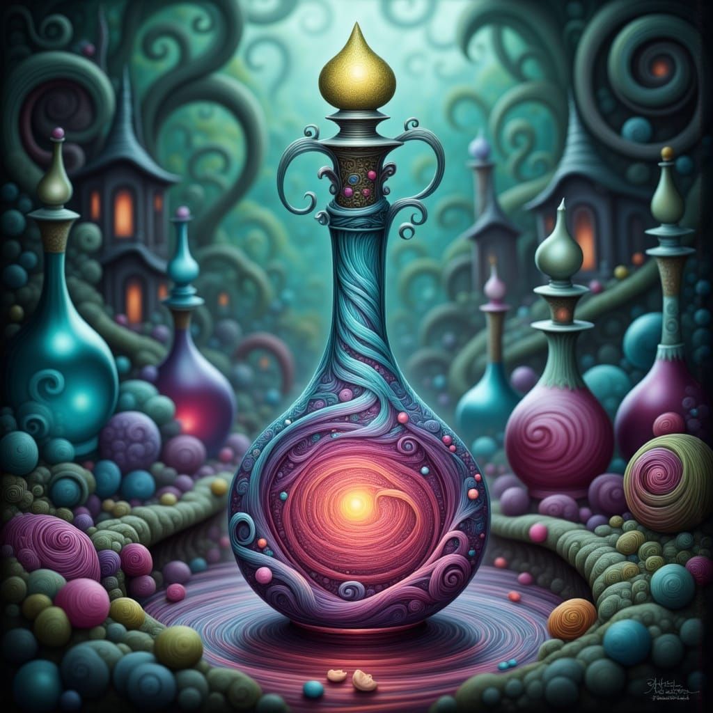 Iridescent Poison Elixir in Mystical Apothecary Scene