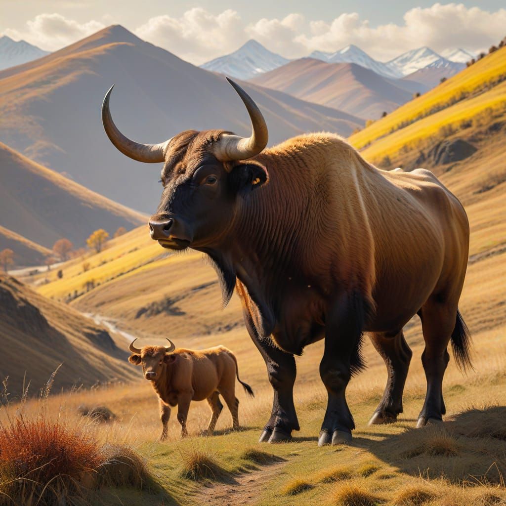 Majestic Ox and Bull in Golden Landscape