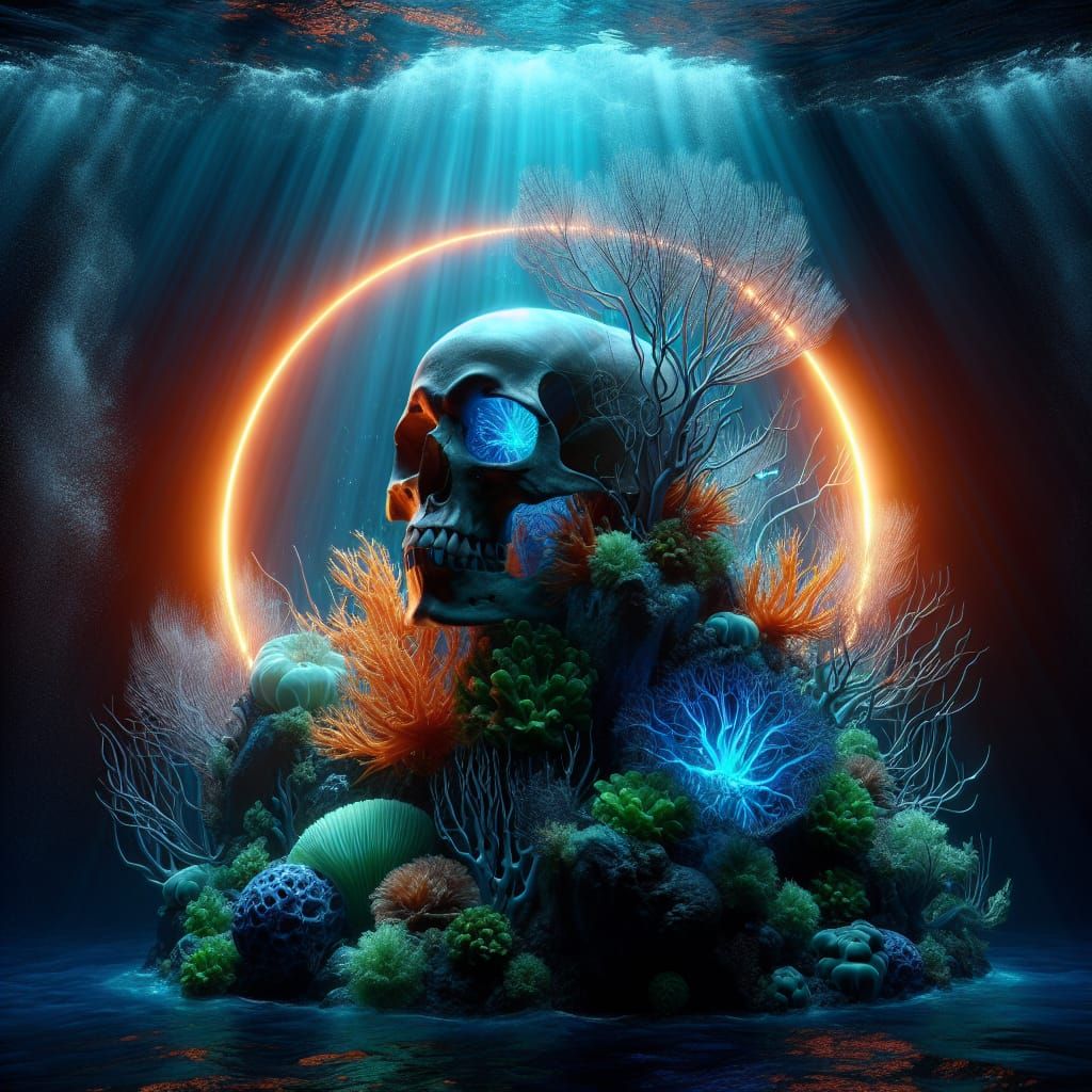 Underwater Skull with Coral in Hadal Surrealism