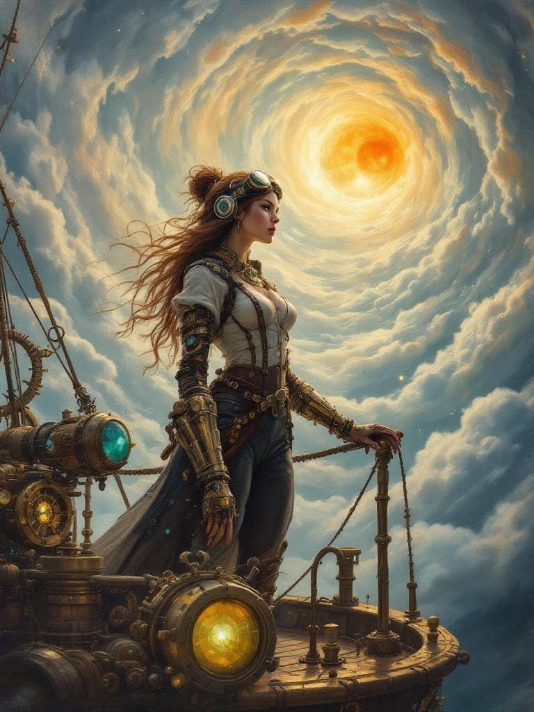 Steampunk Airship Captain on Vessel as Acrylic Painting