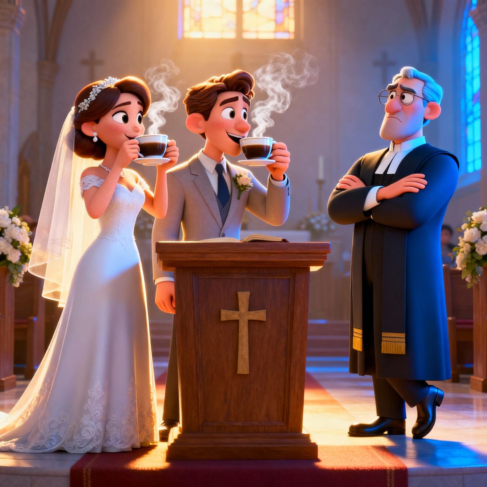 Newlyweds Sip Coffee At Wedding Altar With Impatient Preache...