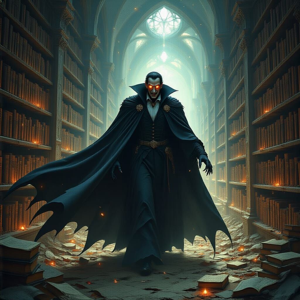 Dracula Haunts Escher-Like Library with Glowing Books