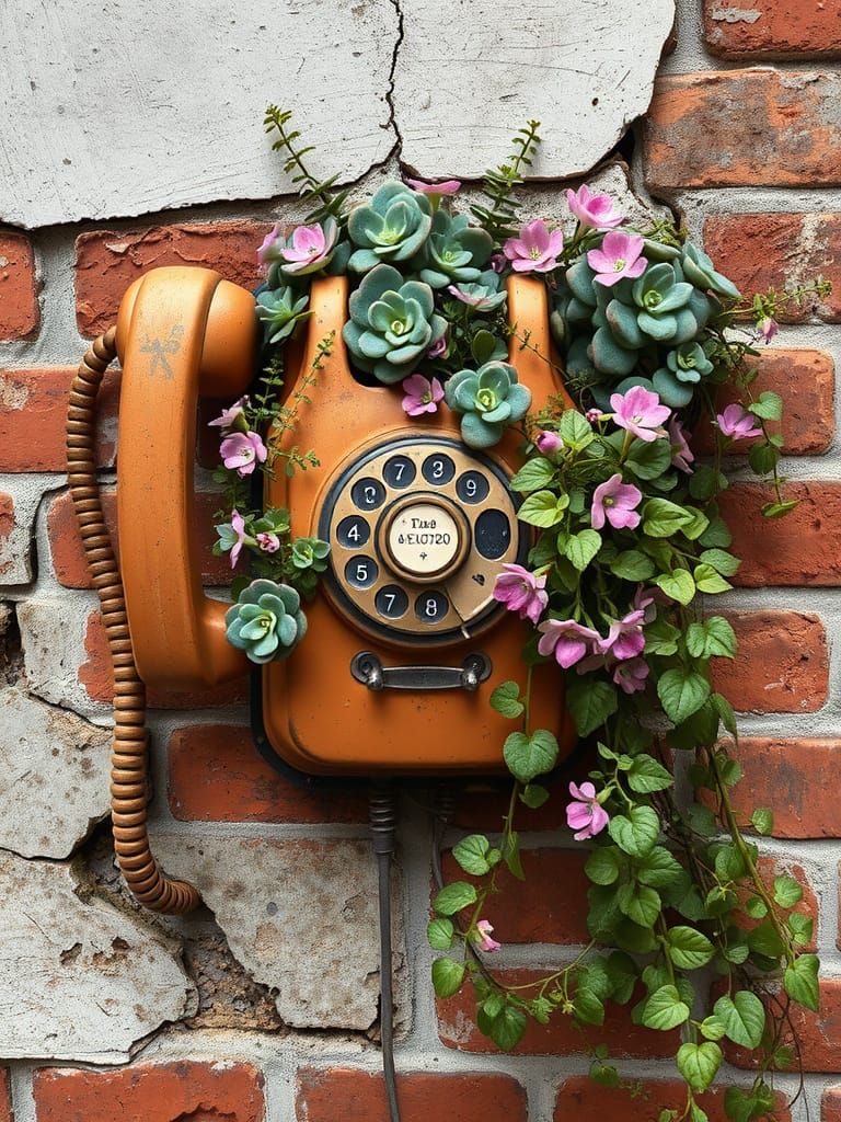 Vintage Phone Planter with Succulents in Folk Art Style