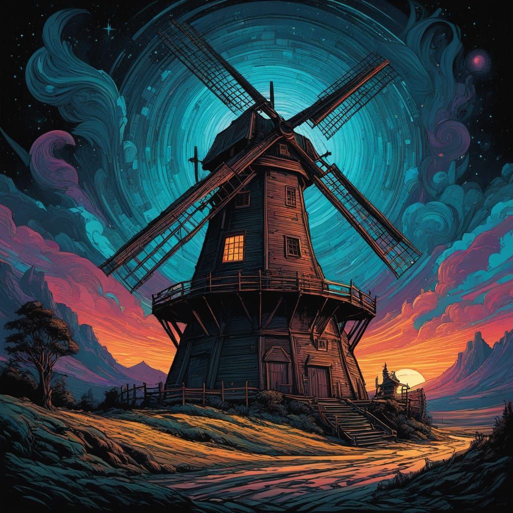 Majestic Stone Windmill Under Starry Dark Sky