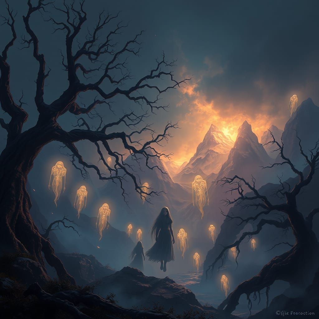 Ethereal Lost Souls in Dark Fantasy Landscape