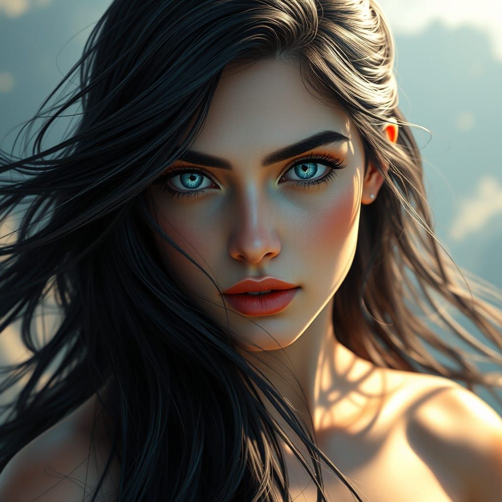 Stunning Blue-eyed Beauty with Lush Black Hair